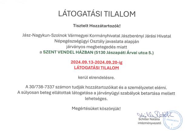 Látogatási tilalom a Szent Vendel Házba