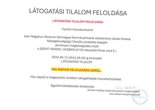 Látogatási tilalom feloldása a Szent Vendel Házban